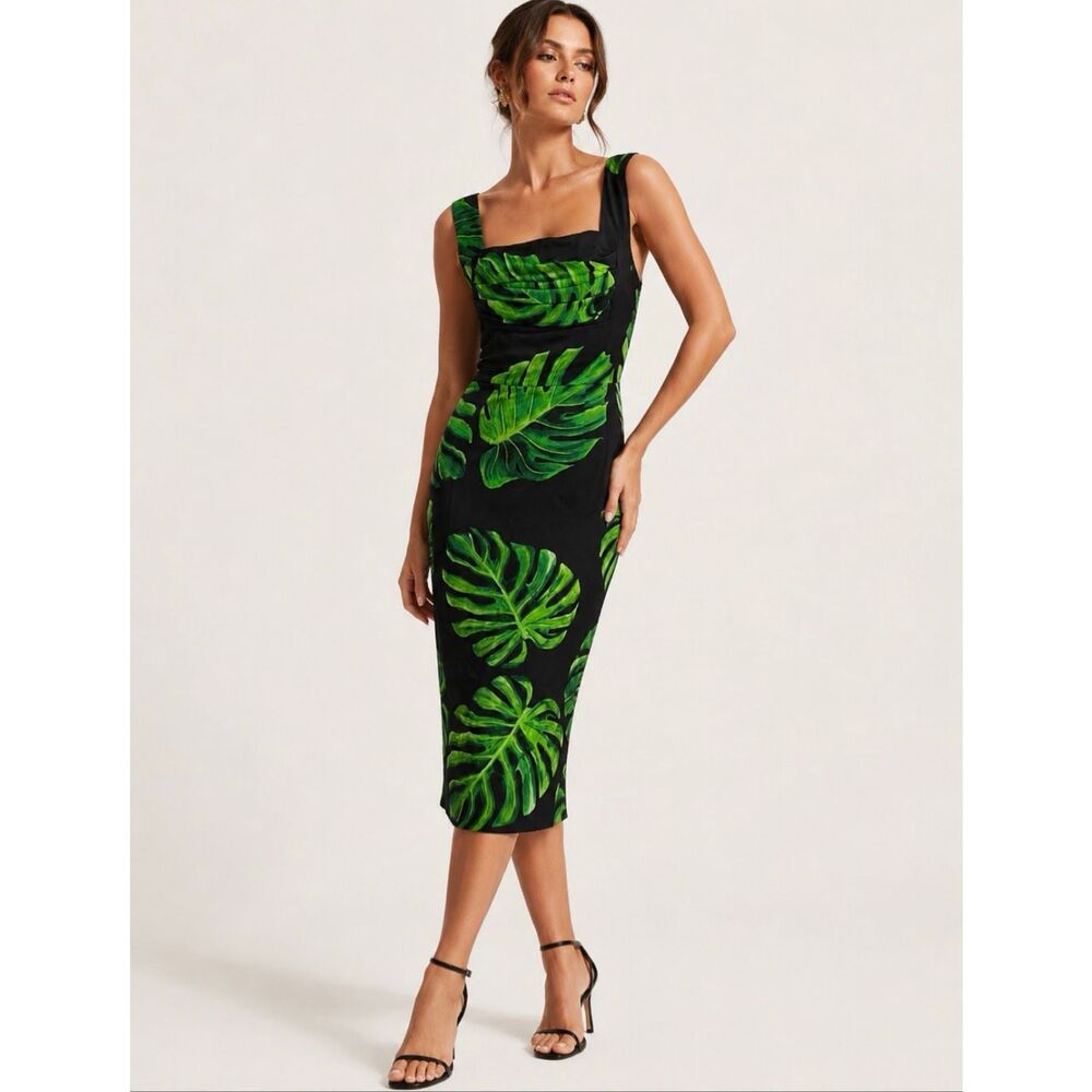 Dolce & Gabbana Silk Monstera Leaf Tropical Midi Dress Small